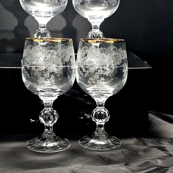 4 Crystalex Queens Lace Wine Glasses 5.75" handblown Bohemia Crystal etched glas - Picture 2 of 5